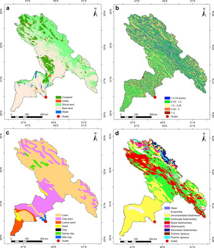 Figure 4. The study area’s (a) LULC, (b) drainage density, (c) soils (dominant grain sizes), and (d) Lithology.