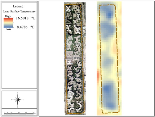 Figure 8. Comparison of LST in the Ekbatan-II neighborhood with aerial images (21 February 2019).