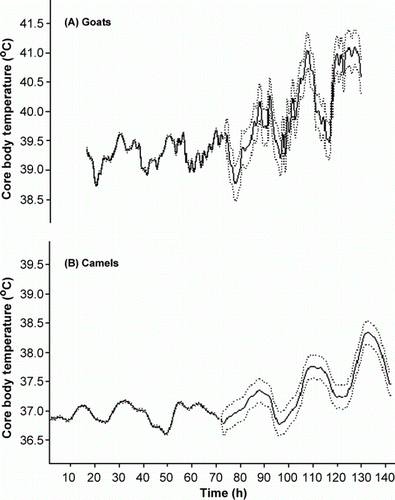 Figure 1.  The overall means (solid lines) and standard errors (spotted lines) of 30 min interval daily recorded core body temperature (°C) circadian rhythm of water deprived goats (A) and camels (B).