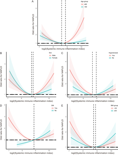 Figure 4 Restricted cubic spline curve for the relationship between SII index with the prevalence of NAFLD. (A) The association between SII index and NAFLD stratified by age; (B) The association between SII index and NAFLD stratified by sex; (C) The association between SII index and NAFLD stratified by hypertension; (D) The association between SII index and NAFLD stratified by DM; (E) The association between SII index and NAFLD stratified by BMI.