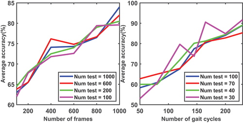 Figure 17. Average classification accuracy for different sizes of training sample sets given multiple numbers of test examples for the single-shot (left), and statistics over the gait cycle (right) scenarios. Both plots are acquired for vector-based features.