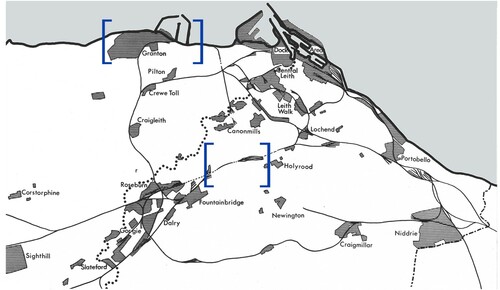 Figure 1: Map of Edinburgh adapted from a 1960s atlas for local schools (The Edinburgh Branch of the Geographical Association Citationno date, 27). The shading represents areas zoned for industrial expansion by the city planning department. The blue brackets have been added to show the location of the Waterfront Edinburgh site in relation to the city centre.