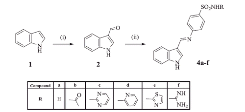 Scheme 1. Synthesis of compounds 4a–f. Reagents and reaction conditions: (i) Phosphorous oxychloride, DMF, 5 °C; (ii) glacial acetic acid.