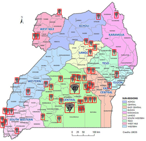 Figure 3 Map of Uganda showing distribution of CRC cases.