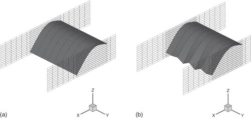 Figure 7. (a) Unit-span cascade A using a 36 × 9 mesh: initial geometry and (b) predicted geometry after 1829 steps.