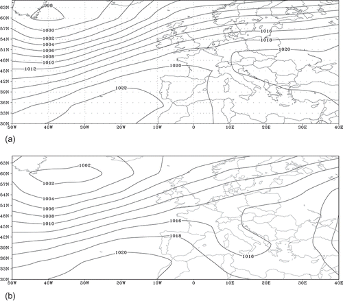 Figure 14. Composite maps of SLP (hPa) corresponding to the winter discharges (PC1_Q27) in Romania for: (a) deficitar discharge and (b) excedentar discharge.