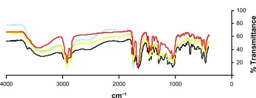 Figure 3 Fourier transform infrared spectrum of VB8:PVP (blue) and nanocomposite (ratio of VB8 to PVP to BBS, 1:2:1) at different reaction times, ie, T0 (black), T1 (yellow), and T2 (red).Abbreviations: BBS, babassu oil; PVP, polyvinylpyrrolidone; VB8, Viscogel B8®.