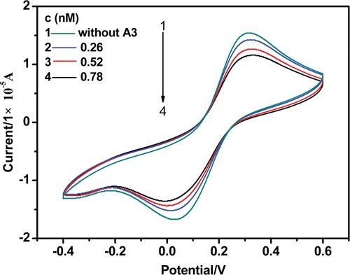 Figure 7 Cyclic voltammograms of Fe(CN)63-/4- in KH2PO4/NaOH buffer solution (pH 7.2) containing different concentrations of drugs. The scan rate is 0.1 V s −1 and the concentrations of Fe(CN)6 3-/4- and KCl are 5 mM.