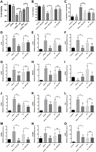 Figure 5 Inflammasome inhibition prevents subsequent effects mediated by extracellular histones in HUVEC: (A) HUVEC cell viability treated with LEHD inhibitor; (B) HUVEC cell viability treated with MCC950 inhibitor (C) HUVEC apoptosis+pyroptosis (measured as Annexin V/PI positive cells) after the challenge with extracellular histones during 4 h and MCC950 for 6 h (2 h before the challenge with 50μg/mL of extracellular histones); (D) IL1A gene expression; (E) IL1B gene expression; (F) IL18; (G) PGIS gene expression; (H) TBXAS gene expression; (I) NOS3 gene expression; (J) COX1 gene expression; (K) COX2 gene expression; (L) IL6 gene expression; (M) ICAM1 gene expression; (N) VCAM1 gene expression; (O) ESEL gene expression measured by RT-qPCR. Data are expressed as mean±SEM of three independent experiments. *P < 0.05; **P < 0.01; ***P < 0.001 compared to histones 0μg/mL. The lines at the top of columns indicate differences between compared conditions.