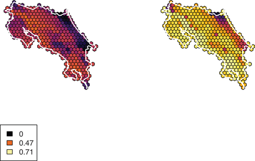 Figure 2. Beta diversity (i.e. average range size per cell) for birds in Costa Rica in June (left) and December (right). Legend displays values for no taxa, the summer maximum, and the winter maximum. Includes all taxa, including those removed from cluster analyses.