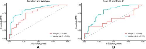 Figure 7 Performance of the predictor with combined radiomic features and clinical characteristics of EGFR mutation status and subtypes. (A) ROC curve of the training cohort and validation cohort between EGFR mutant and wild type. (B) ROC curve of the training cohort and validation cohort between exon 19 and exon 21.