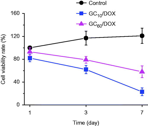 Figure 5. In vitro viability of MCF-7 cells cultured on GC10/DOX and GC60/DOX by visible light irradiation for 10 or 60 s, as compared with that on control (untreated). The cell viability rate (%) was determined by CCK-8 assay at 1, 3 and 7 days. Error bars represent mean ± SD (n = 3); these experiments were repeated three times.