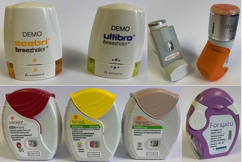 Figure 1 Inhaler devices listed in the Vectura accounts as generating revenue, or income from “royalty & other marketed revenues”. https://www.vectura.com/wp-content/uploads/2021/04/Vectura-Group-plc-Annual-Report-and-Accounts-2020.pdf– clockwise from top left: Novartis Breezhalers, Mundipharma Flutiform k-haler, Sandoz AirFluSal Forspiro, GSK Ellipta inhalers.