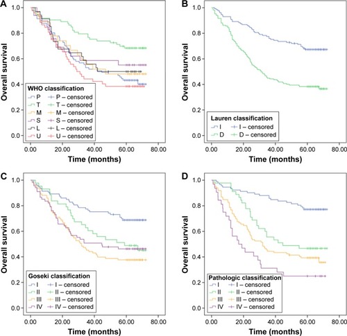 Figure 3 Survival curves according to different classification systems in gastric adenocarcinoma.