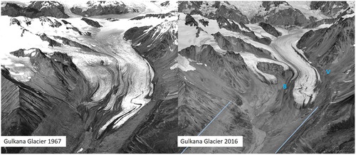 Figure 1. Aerial view of the Gulkana Glacier (C'ulc'ena’ Luu’), site of the Girls on Ice Alaska program. Left and right photos respectively indicate the extent of the glacier in 1967 and 2016, showing continued dramatic retreat and thinning over the past 50+ years. Features of interest are highlighted in the right panel, including: the main campsite for the 8-day backcountry portion of the trip (marked as ‘B’ – for a close-up view, see Figure 2); one of our hiking objectives (V), a viewpoint atop the late 1800s (i.e. Little Ice Age) lateral moraine, approximately 250 m above the current-day ice surface; (c) the late 1800s areal extent of the glacier (light blue lines), delineating the bare, more recently exposed light grey slopes beneath the more weathered rock above. Modified from repeat photos courtesy of the United States Geological Survey (https://www.usgs.gov/news/fifty-years-glacier-changeresearch-alaska). Landscape features on and around the Easton Glacier on Mount Baker (Kweq’ Smánit, Kwelshán, Kwelxá:lxw, or Kwelshán) are very similar.