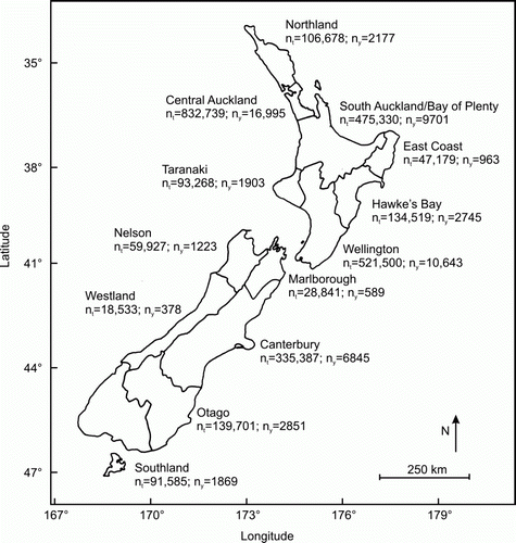 Figure 1  Map showing the location of different regions in New Zealand used for the analysis. Note that these regional boundaries are those defined by Statistics New Zealand in 1961. n t =total number of births in dataset; n y =average number of births per year.