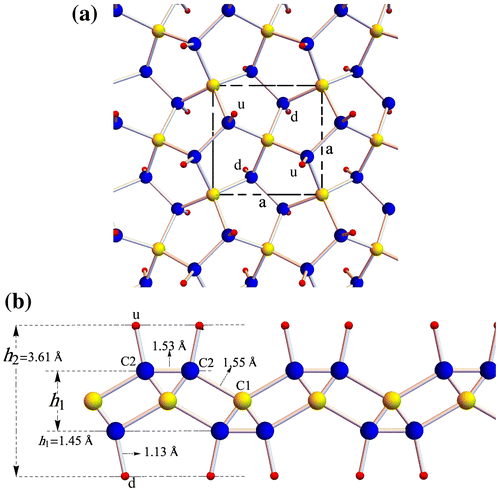 Figure 1. (a) Top view and (b) side view of the atomic structure of penta-graphane. Yellow, blue and red sphere represent C1, C2 and hydrogen atoms, respectively.