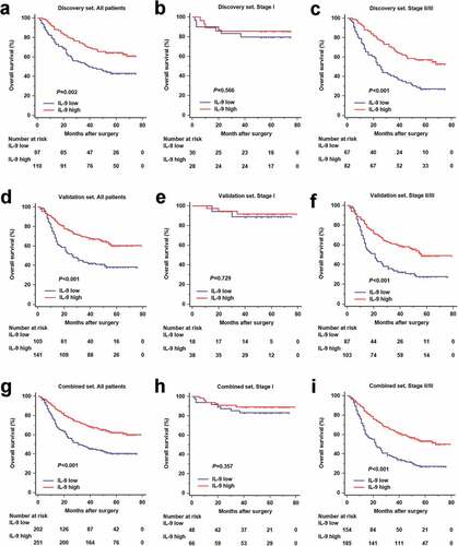 Figure 1. Interleukin-9 high expression predicts better overall survival in gastric cancer. (a, d and g). Kaplan-Meier analyses comparing OS of all patients according to IL-9 expression in Discovery set (n = 207, P = .002), Validation set (n = 246, P < .001) and Combined set (n = 453, P < .001). (b, e and h). Kaplan-Meier analyses comparing OS of stage I patients according to IL-9 expression in Discovery set (n = 58, P = .566), Validation set (n = 56, P = .729) and Combined set (n = 114, P = .357). (c, f and i). Kaplan-Meier analyses comparing OS of stage II/III patients according to IL-9 expression in Discovery set (n = 149, P < .001), Validation set (n = 190, P < 0.001) and Combined set (n = 339, P < 0.001). P-value was calculated by log-rank t test. OS = overall survival