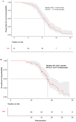 Figure 1. (A) Kaplan-Meier estimates of progression-free survival (PFS) for all patients treated with pyrotinib-based therapy (B) Kaplan-Meier estimates of over survival (OS) for all patients treated with pyrotinib-based therapy.