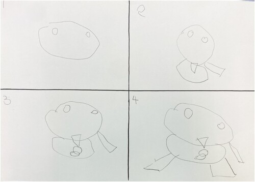 Figure 11. Child F’s storyboard with drawings of a sequence that is captured in four frames.