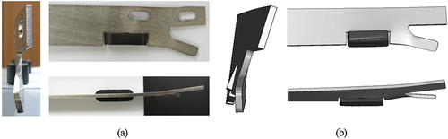 Figure 12. Deformation shape of the guide shoe after impact: (a) Experiment and (b) Simulation.