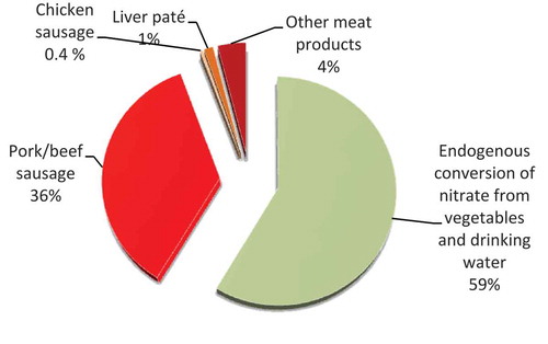 Figure 2. (colour online) Total nitrite exposure in children in the youngest consumer group (4 years), including intake from cured meat products and 5% conversion of nitrate in other foodstuffs to nitrite.