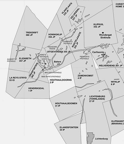 Figure 6. Map of farms in Lichtenburg where diamond digging was prevalent. Grasfontein is at the centre of the image. Elandsputte is not on this map, but sits just north-east of Grasfontein. (Source: M. Wilson, G. Henry and T. Marshall, ‘A Review of the Alluvial Diamond Industry and the Gravels of the North West Province, South Africa’, South African Journal of Geology, 109, 3 [2006], p. 308.)