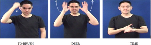 Figure 1. BSL signs with different sign-referent associations. The sign TO-BRUSH mimes the action of a person brushing his hair, the sign DEER depicts a deer's antlers and the sign TIME is produced by pointing at an imaginary watch.