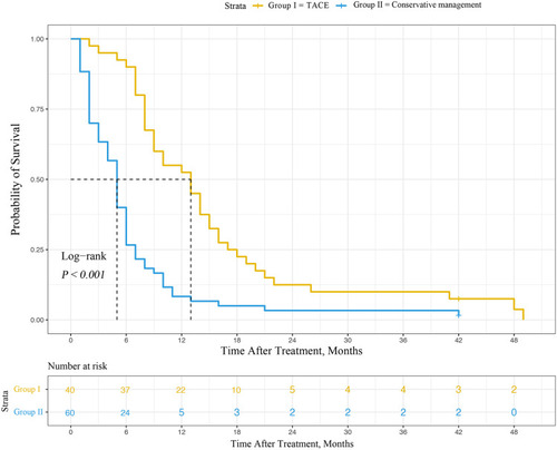 Figure 2 Kaplan–Meier curves of overall survival in HCC patients with BDTT who underwent TACE or CM (P < 0.001).
