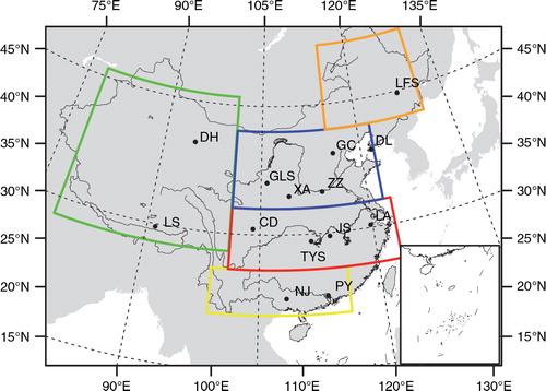 Fig. 1 Research domain setting and geographical locations of the sites selected for model evaluation as well as five defined sub-regions of China (green box for West China, yellow box for South China, red box for Middle China, blue box for North China and orange box for Northeast China).