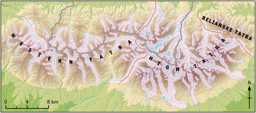 Figure 3. Last Glacial Maximum glacier extent (purple polygons) in the Tatra Mts. after CitationZasadni and Kłapyta (2014). Red dashed lines indicate geographic subdivision of the Tatra Mts. (color online).