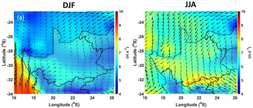 Figure 3. Wind speed and direction over the Northern Cape Province during the (a) DJF and (b) JJA seasons.