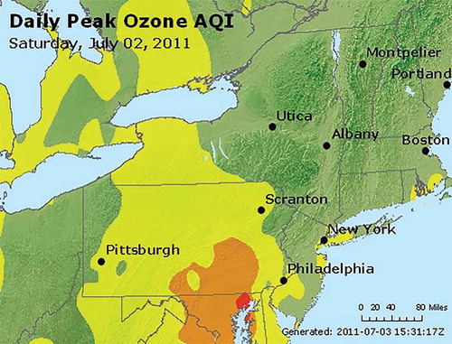 Figure 14. Daily peak O3 Air Quality Index (AQI) for July 2, 2011. Image courtesy of EPA AirNow (EPA, Citation2015b).