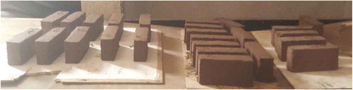 Figure 3. Green bricks moulded from different formulations of anthill clay and admixtures.