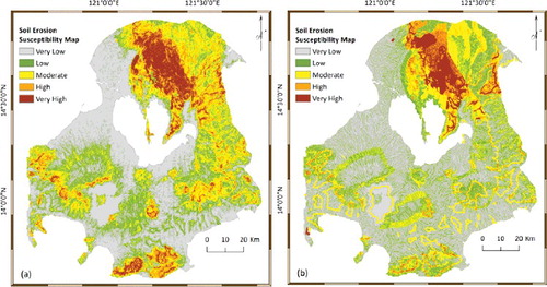 Figure 4. Soil erosion susceptibility maps achieved by (a) EBF and (b) FR methods.