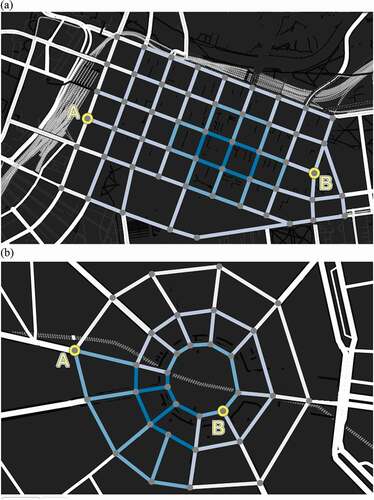 Figure 3. Example of two road network types used in the experiment: Grid network (a) and Radial network (b).