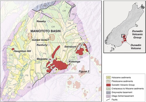 Figure 1. Geological map of the Maniototo Basin. Volcanic rocks are shown in red. Buried lavas were interpreted by Scott et al. (Citation2020a) using regional geophysical data.
