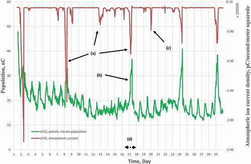 Figure 17. These two patterns are from a sensor in the petiole of a pinnate leaf of an avocado tree and the sensor of ion arrival on the atmospheric ion sensor plate. (a) Low magnitude, long duration and onset time of nitrate presence indicate these are marine layer pulses of nitrate, (b) A cluster or wave of nitrate ions passes by the sensor over a period at least seven hours, (c) No response due to this pulse. This indicates ETS is selective, (d) Figs. 18 and 19 are concerned with this period of time.