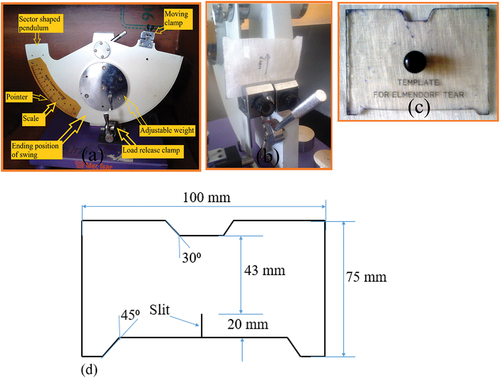 Figure 3. Dynamic impact tearing testing (a) Elmendorf tear tester (b) fabric mounted by fixing both the ends of the fabrics (c) tearing testing template placed on P1 types of sisal fabric (d) dimensions of sample.