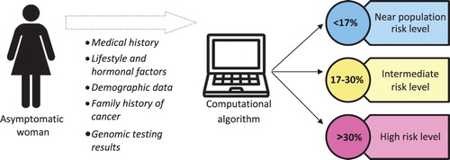 Figure 1. Breast cancer individual risk assessment process: An example. The percentages used here are approximate; they were used to facilitate discussions between experts during the development of the PERSPECTIVE recommendations as explained in Gagnon, J.; Lévesque, E.; the Clinical Advisory Committee on Breast Cancer Screening and Prevention; et al. Recommendations on breast cancer screening and prevention in the context of implementing risk stratification: impending changes to current policies. Current Oncology 2016, 23, e615-e625, doi:10.3747/co.23.2961.