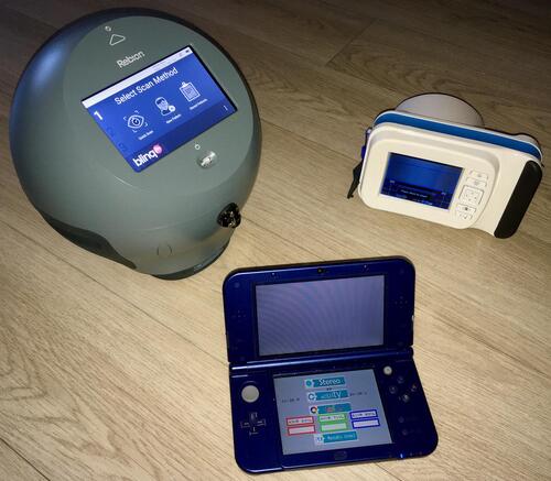 Figure 1 Three vision-screening devices: Rebion blinq birefringent binocular foveation scanner (upper left), Adaptica 2WIN infrared multiradial autorefractor (upper right), and PDI Check dynamic forced-choice vision-screening game on the Nintendo 3DS (bottom).