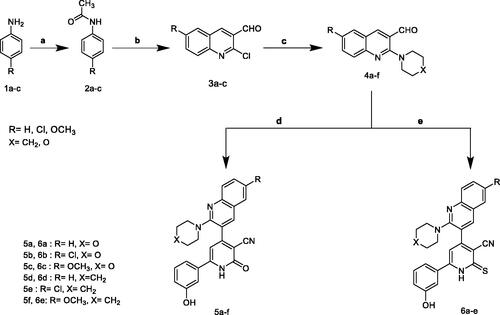 Scheme 1. Synthesis of 2-pyridone/2-thioxopyridine – quinoline hybrids. (a) Ac2O; (b) POCI3/DMF; (c) morpholine or piperdiine/ K2CO3/DMF; (d) 3-hydroxyacetophenone / ammonium acetate/ CNCH2COOC2H5/ ethanol, reflux; (e) 3-hydroxyacetophenone /ammonium acetate / CNCH2CSNH2/ ethanol, reflux.