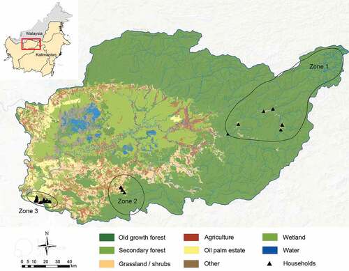 Figure 1. Study area shows three zones (zone 1: forest subsistence, zone 2: agroforestry mosaic, and zone 3: monoculture and market-dependence zone) of agricultural intensification gradient in the Kapuas Hulu of West Kalimantan region in Indonesia.
