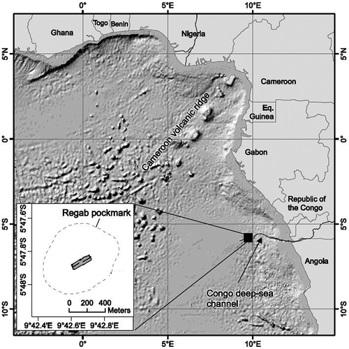 Figure 1. Location of the Regab pockmark along the Congo–Angola margin and the approximate outline of the pockmark (insert map left corner; grey rectangle represents the area explored by ROV Victor 6000). Modified from Marcon et al. (Citation2014).