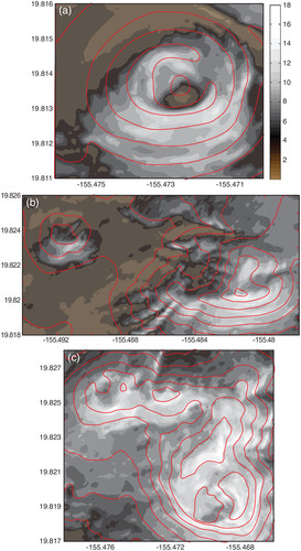 FIGURE 13. Same as Figure 11, but with elevation contours in red, but for (a) Pu‘u Haukea; (b) Pu‘u Pōhaku and Pu‘u Poli'ahu; and (c) Pu‘u Hau'oki and Pu‘u Wēkiu.