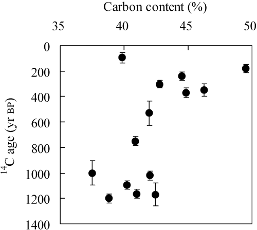 Figure 5  The relationship between 14C ages of sclerotium grains and carbon content (%) measured using a CO2 pressure gauge in the process of graphite preparation.