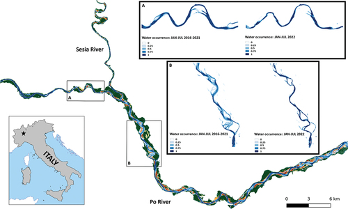 Figure 3. Example of satellite-based classification for the Po River (approximately from Morano at Po and Castelnuovo di Scrivia, NW Italy) and the Sesia River over the period January–July 2016–2021 using Copernicus Sentinel-2 data. The map in the bottom left corner displays the location of both rivers using a star symbol. Water units are represented by shades of blue, vegetation (both riverbed and riparian) by shades of green, and sediments by shades of brown. Boxes A and B specifically focus on the impact of drought on the Po River’s water presence. The map on the left of each box shows the frequency of “water” units from January to July across the years 2016–2021, while the map on the right depicts the same for January to July 2022. This comparison allows for easy visualization of changes in water distribution over time.