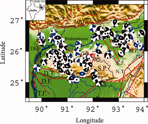 Figure 2. Map shows 106 earthquake solutions with major tectonic features of the study area. The major tectonic features are: DF: Dauki fault; DT: Dapsi thrust; DF: Dhubri fault; DhF: Dudhnoi fault; OF: Oldham fault; BS: Barapani shear zone; KF: Kopili fault; SP: Shillong plateau; MP: Mikir plateau; TF: Tista fault; NT: Naga thrust. The red beach ball represents the CMT solution, the black beach balls represent the focal mechanism solution obtained from the published literature and the blue beach balls represent the solutions obtained through waveform inversion under the present study. Inset: Map of India.