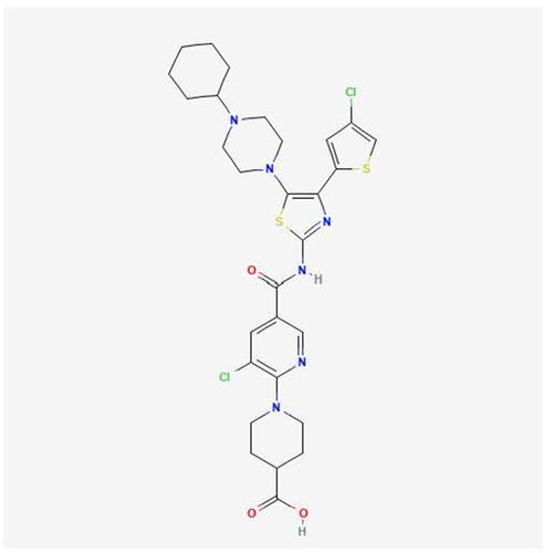 Figure 1 Chemical structure of avatrombopag (from PubChem) Avatrombopag (The international union of pure and applied chemistry (IUPAC) name is 1-[3-chloro-5-[[4-(4-chlorothiophen-2-yl)-5-(4- cyclohexylpiperazin-1-yl)-1, 3-thiazol-2-yl] carbamoyl] pyridin-2-yl] piperidine-4-carboxylic acid and molecular formula of C29H34Cl2N6O3S2) is a nonpeptide small molecule agonist of TPO-RA.