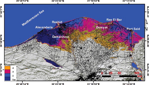 Figure 9. Geohazard map showing the areas of the Nile Delta, Egypt that will be affected by seawater intrusion when the groundwater table deplete 1, 2, …, 5 m below sea level in the case of the GERD non-failure. The map also shows the areas of Rashid, Alexandria and Damanhour are more probable to be affected by seawater intrusion than the areas of Ras El Bar, Port Said and Dumyat. This map is draped over DEM. The black lines highlight the major highways. (To view this figure in colour, see the online version of the journal.)